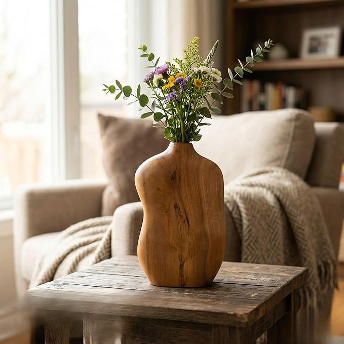 Wooden Decorative Vase, Teak Wood Vase for Home Decor, Farmhouse Boho Table Centerpiece for Living Room Dining Table (No Plants Included)