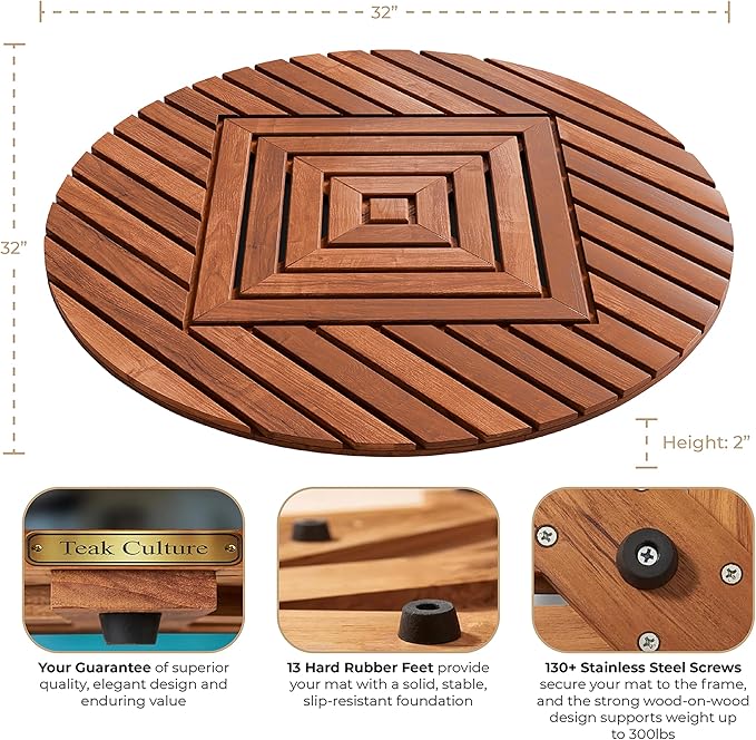 Designer Round Teak Shower Mat, Xtra-Large 32” Diameter, Waterproof, Teak Oil Finish, for Bathroom, Pool, Spa, Boat, Sauna, Patio, Front Door from Our Diamond Collection