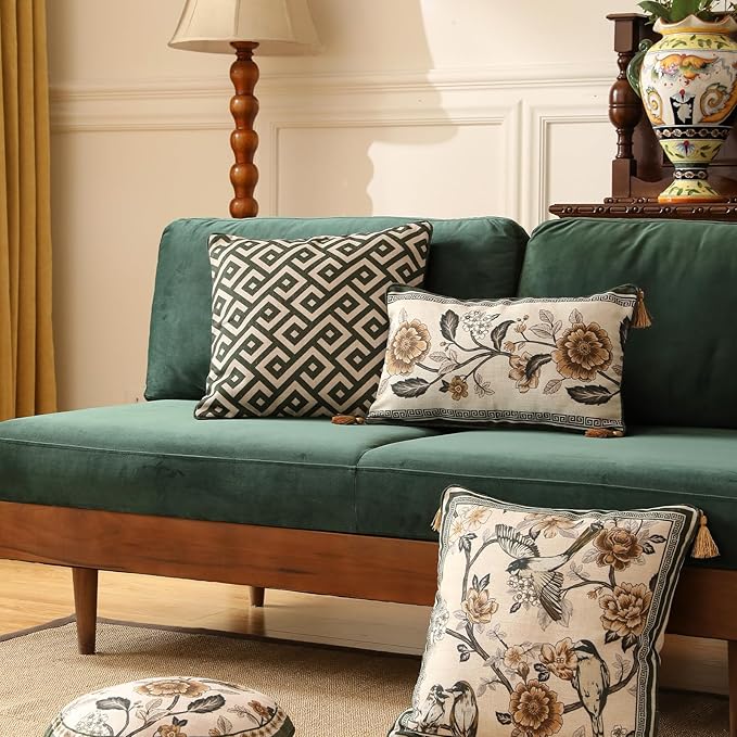 ISAENNE Design Linen Classic Vintage Throw Pillow Covers 18"x18" Pack of 2, Minimalist Square Cushion Covers with Green Irregular Plaid Pattern Decor Pillowcases for Bed,Living Room,Outdoor,Car