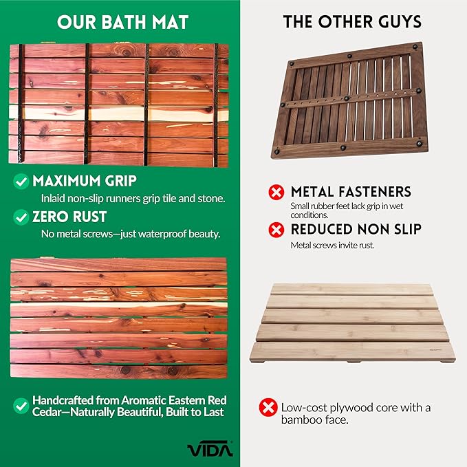 Cedar Wood Bath Mat – 22”x14” Nordic Style Non-Slip Shower Mat | Indoor & Outdoor Use | Wood Bathroom Mat & Floor Protector | Handcrafted in USA - Small