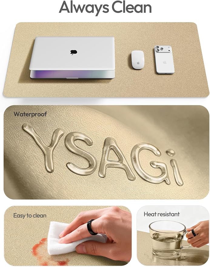 YSAGi Leather Desk Pad Protector, Office Desk Mat, Large Mouse Pad, Non-Slip PU Leather Desk Blotter, Laptop Desk Pad, Waterproof Desk Writing Pad for Office and Home (Gold, 35.4" x 17")