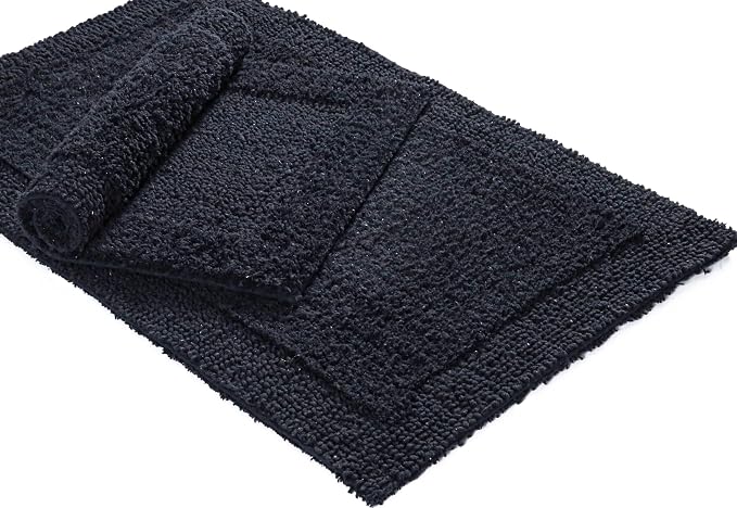 Bedding Craft Bathroom Bath Mat Rug – 100% Cotton, Reversible, Water Absorbent, Machine Washable, Soft Bathmat for Tub Side, 17x24 Black