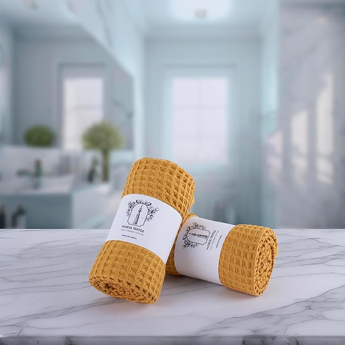 PÜSKÜL Pack of 2 Waffle Bath & Spa Towels - Premium 100% Turkish Organic Cotton - Quick Dry Thin Bath Towel for Bathroom - Made in Turkey (Mustrad Yellow, 32x63 inch)