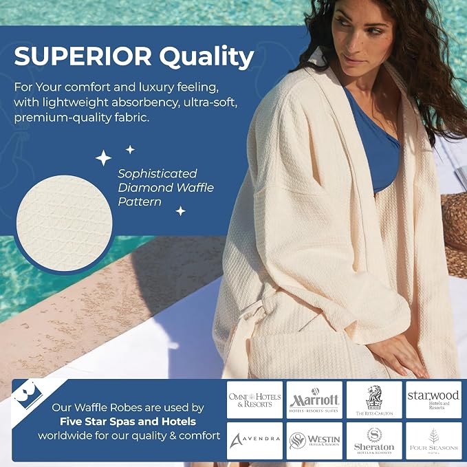 MONARCH Unisex Diamond Waffle Spa Kimono Robe – Soft Lightweight Fabric, Generously Sized Hotel & Spa Robe with Pockets