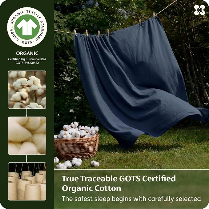 Bedsure 100% GOTS Certified Organic Cotton Sheets, Queen Sheet Set, 17" Deep Pocket Bedsheets with Corner Straps, Eco-Friendly, Soft & Luxury PureWoven Cotton Hotel Bedding, 4PCS, Navy