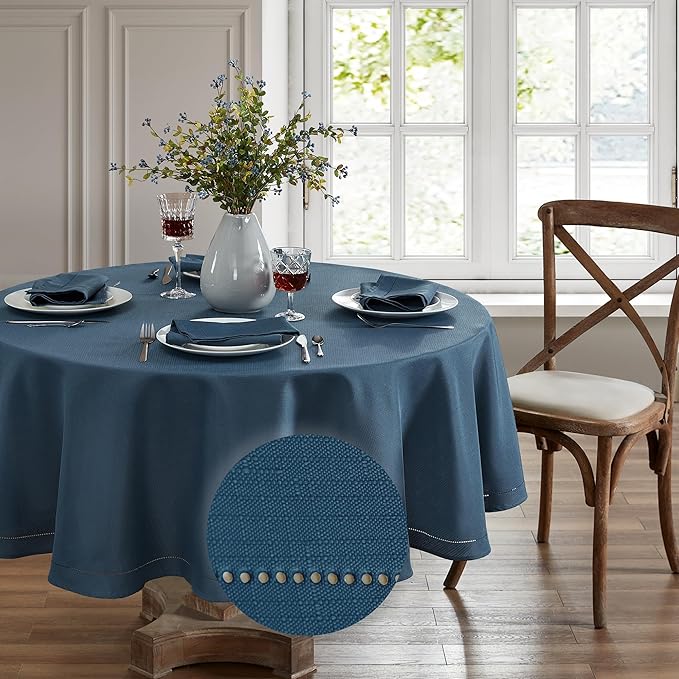 Elrene Home Fashions Alison Eyelet Border Design Wrinkle Resistant Fabric Tablecloth, 70"x70" Round, Copen Blue