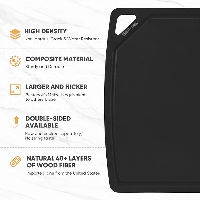 BESTCOOK Wood Fiber Cutting Board Set of 3, Composite Chopping Boards with Juice Groove, Dishwasher Safe, Non-Toxic, BPA-Free, Non-Porous, Non-Slip Feet for Cutting Meat, Vegetables, Fruit (Black)