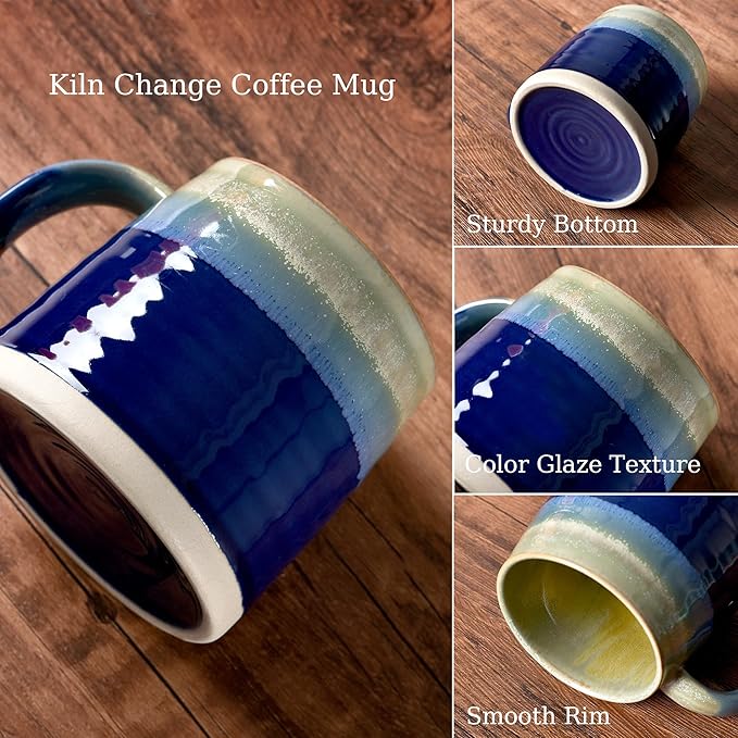 fMBB Large Ceramic Coffee Mugs, 13oz, Tea/Coffee Cups, Large Handle & Wide Bottom Coffee Mug, Transmutation Glaze, Hand Painted Mug, for Home or Office, Microwave and Dishwasher Safe, Blue Tone
