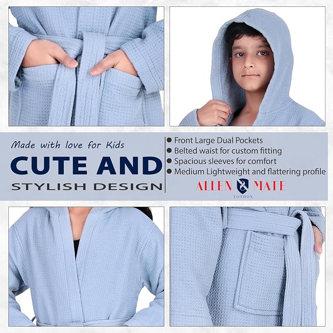 ALLEN & MATE 100% Cotton Waffle Terry Towel Hooded Kids Bathrobe – Soft Absorbent Medium Weight Swim Robe for Boys & Girls