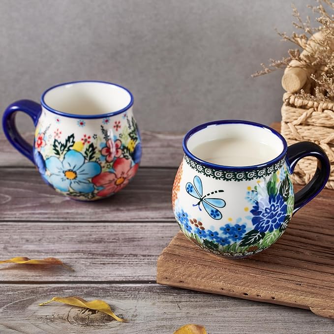 13oz Ceramic Coffee Mug, Hand-Painted Floral Polish Pottery Style Cup, Large Stoneware Tea Mug with Handle, Microwave & Dishwasher Safe (Butterfly and flower B)