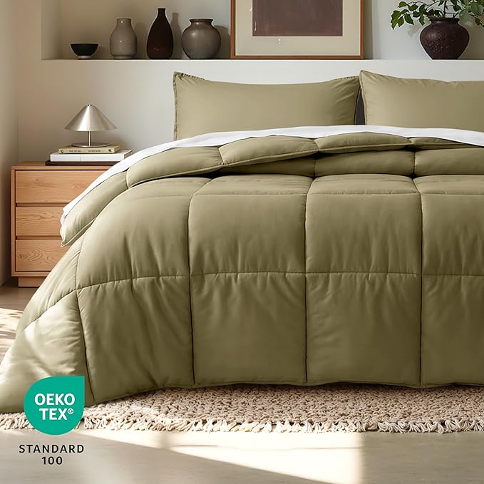 Bare Home Comforter Set - Full Size - Ultra-Soft - Goose Down Alternative - Premium 1800 Series - All Season Warmth (Full, Olive)