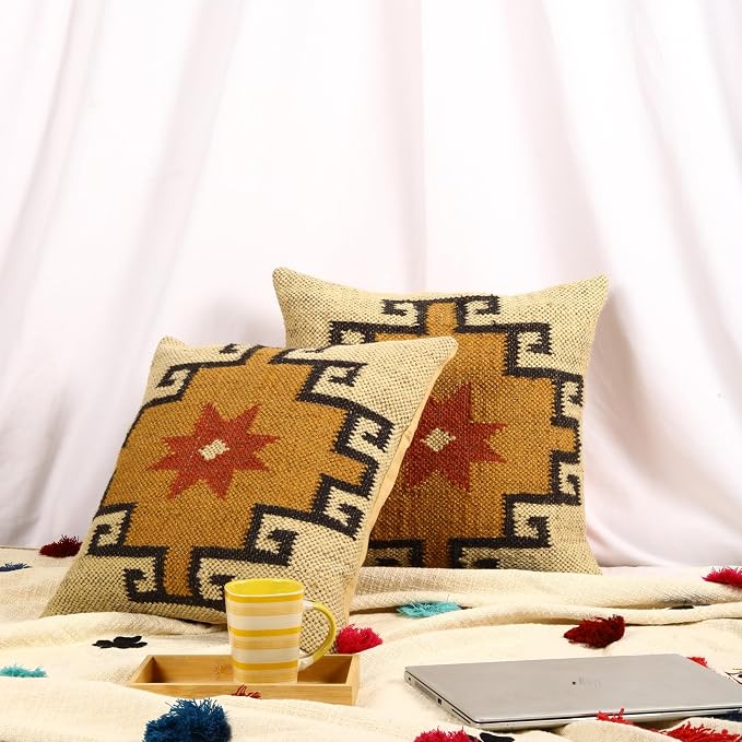 Trade Star Set of 2 Kilim Cushion Covers Handloomed Rug Decorative Cushion case 18x18 Inches Throw Pillow Cover Handwoven Pillowcase 70% Jute 30% Wool Pillow Shams (Kilim 10)