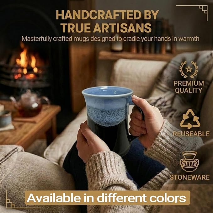 Clay in Motion Handmade Ceramic Mug 24 oz, Large Coffee Mug, Hand Painted Stoneware, Dishwasher Microwave & Oven Safe, Lead-Free, Made in USA Since 1981 (Lava Foam)