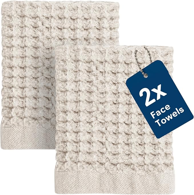 ONSEN Supima® Waffle Face Towels, Quick Dry Lint Free 100% USA Cotton, Lightweight Absorbent Face Towel Set, 12x12 in (Oatmeal, Face Towel 2-Pack)