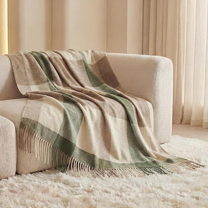 Soft Pure Wool Throw Blanket, Lightweight Warmth, 55"x83" with Fringe, Compact with Bag, Useful Gift for Women Men, All Season Decorative Cozy Travel Blanket for Couch Bed, Outdoors