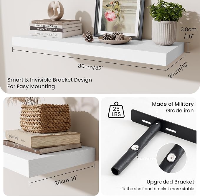 Fun Memories Floating Shelves for Wall, 32 Inch Long Floating Shelves Set of 3, 32 x 10 Wooden Shelves for Wall, Large Storage Shelves, Hanging Shelves for Bathroom Kitchen Bedroom, White