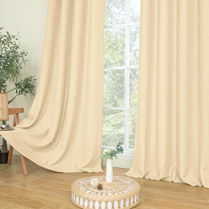 LAMIT 95 Inch Sand Linen Curtains for Living Room 2 Panels Set, Privacy Linen Textured Drapes Grommet Light Filtering Thick Curtains for Bedroom/Farmhouse/Sliding Glass Door, 52 x 95 Inch