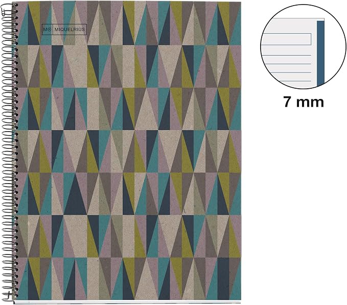Miquelrius - A4 notebook, 7 mm ruled notebook, 100% recycled paper notebook 80 g/m², recycled notebook with 80 sheets of one color, spiral, ruled notebook, Eco Rhombus