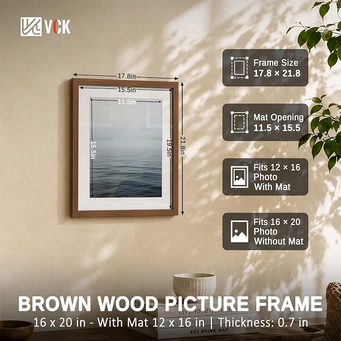 VCK 16x20 Picture Frames Brown - 3 Pack, Wide Border Wood, Tempered Glass, Display 12x16 Photo with Mat or 16 x 20 Without, for Home, Office, Gallery, Woodgrain Series, Wall Hanging