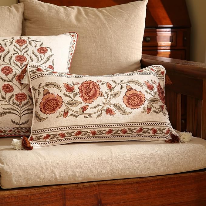 ISAENNE Design Linen Rectangle Vintage Throw Pillow Covers 12"x20" Pack of 2, Brick Red Cushion Covers with Orange Floral Green Leaves Pattern Decor Pillowcases for Bed,Living Room,Outdoor,Car