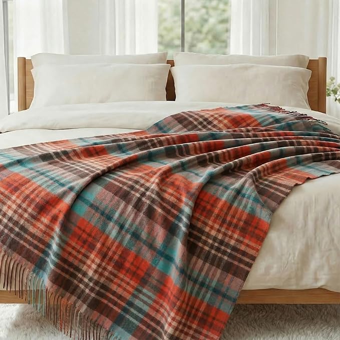 Soft Pure Wool Throw Blanket, Lightweight Warmth, 55"x83", Plaid, Fringe, Compact with Bag, Useful Gift for Women Men, All Season Decorative Cozy Travel Blanket for Couch Bed, Outdoors
