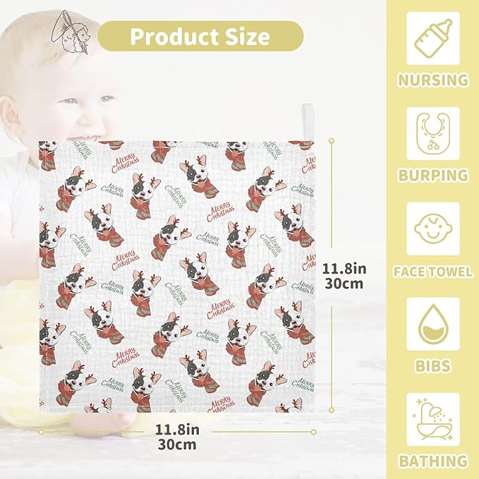 Baby Christmas French Bulldog Msulin Washcloths Newborn Face Towel - Baby Muslin Burp Cloths 5 Pack Soft Absorbent Natural Cotton Wash Towel 11.8"X11.8" Baby Bath Towels Wipes