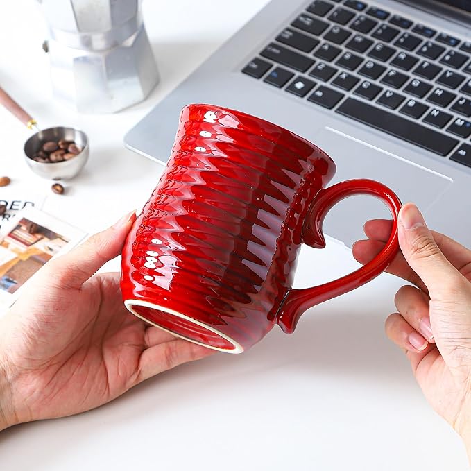 21 oz Large Ceramic Coffee Mugs, Handmade Cup with Large Handle, Big Tea and Coffee Cups for Office and Home, Microwave and Dishwasher Safe (Red)