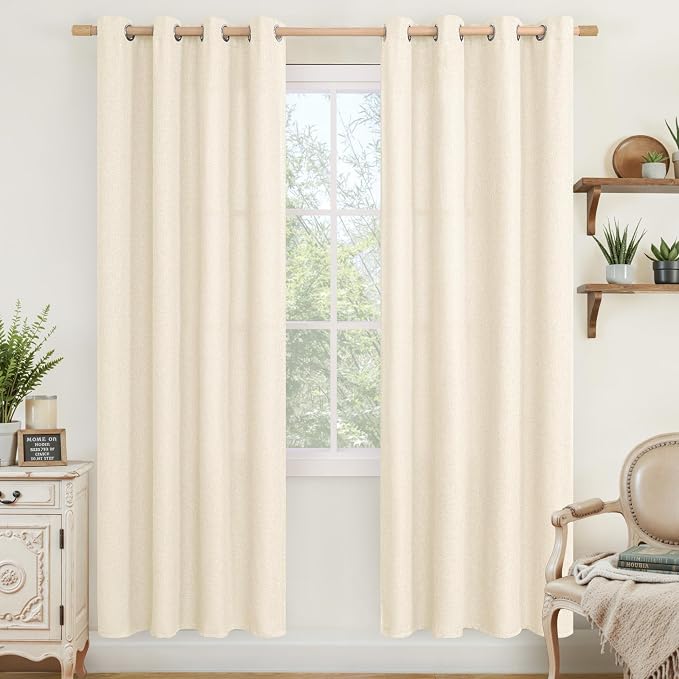 LAMIT Light Beige Linen Curtains 80 inches Long for Living Room, Soft Thick Linen Textured Light Filtering Curtains Burlap Privacy Grommet Drapes for Bedroom, 2 Panels, W52 x L80