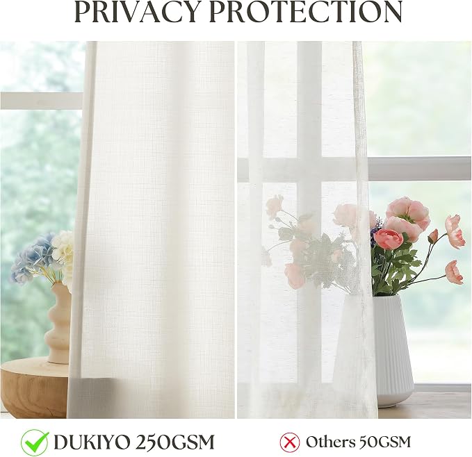 Cream Linen Curtains 54 Inches Length Light Filtering Flax Linen Drapes for Small Living Room Window Bronze Grommet Soft Fabric Semi Sheer Privacy Curtains 2 Panels, Off White Ivory