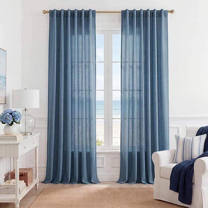 NICETOWN Stone Blue Linen Curtains 84 inch Long 2 Panels Set, 55" Wide Thick Flax Linen Blend Organic Home Decor Rod Pocket & Back Tab with Light Filtering for Bedroom/Living Room