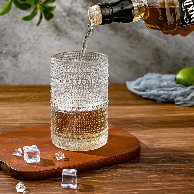 ZMOWIPDL Vintage Glassware Drinking Glasses Set of 6,15 oz Hobnail Glass Cups,Embossed Clear Water Tumbler,for Beer,Cocktail,Whiskey,Juice and Various Mixed Drinks- 1 Cleaning Brush