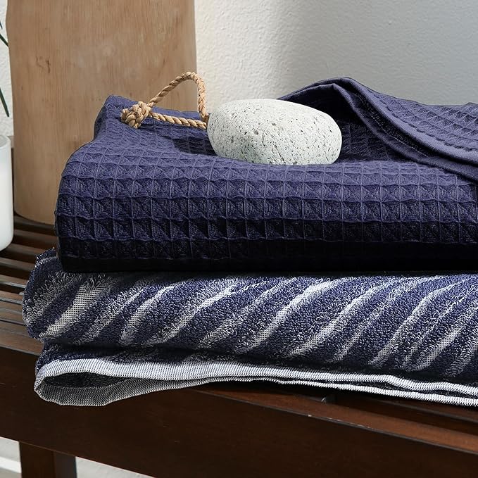 UCHINO Waffle Twist Cotton Weave Towel Set for Bathroom – 2 Bath, 2 Hand, 2 Washcloths, Lightweight Absorbent Quick Dry Honeycomb Texture Solid Terry Loop Reverse, 6 Piece, Indigo