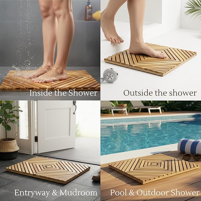 PANDAWOOD Teak Shower Mat for Inside Shower 22x15 - Premium Teak Wood Bath Mat Non Slip - Wooden Shower Mat for Outdoor - Heavy Duty Teak Bathroom Floor Mat for Bathtub Sauna
