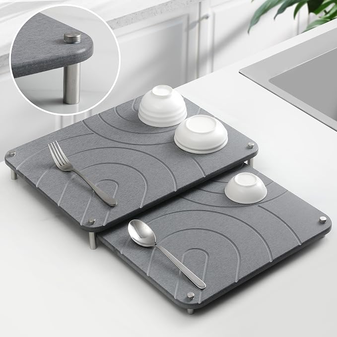 CZWL&HG 2 PCs Stone Dish Drying Mats for Kitchen Counter-Diatomaceous Dish Drying Mats Superb Absorbent with Non-Slip Stainless Steel Feet,Heat Resistant,15.7"(L)×11.8"(W)