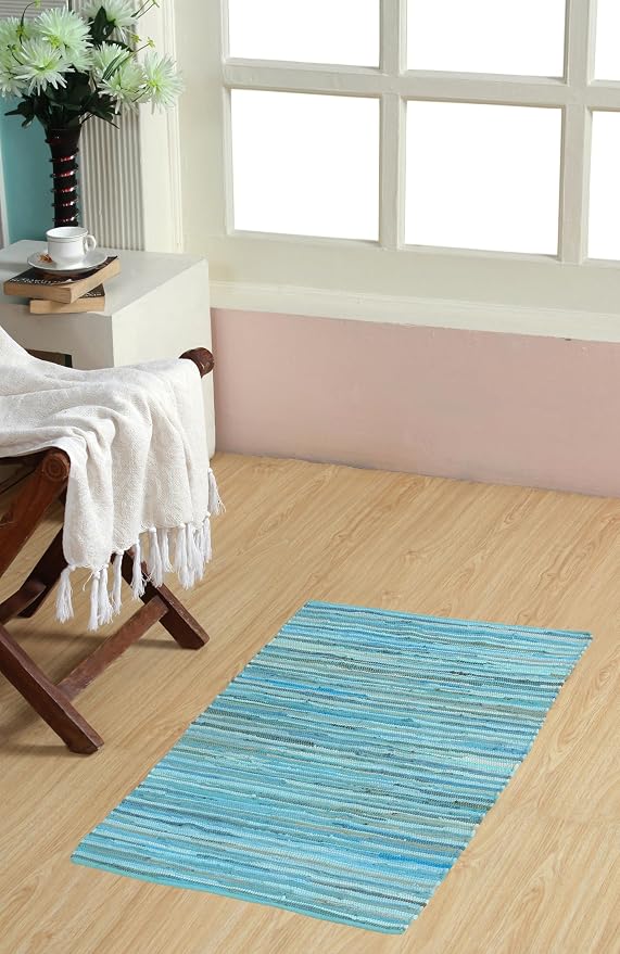 Handmade Cotton Chindi Rug Rectangular Area Rag Washable Recycled Rugs for Home Décor, Living Room and Bedroom (Teal, 2X3 Feet)