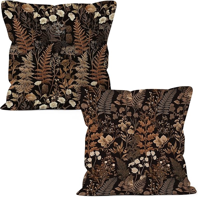 Dark Cottagecore Academia Botanical Throw Pillow Covers 18x18 Set of 2, Vintage Fall Farmhouse Rustic Autumn Decor Pillow Cases for Bedroom, Moody Floral Cottagecore Pillowcases for Couch Bed
