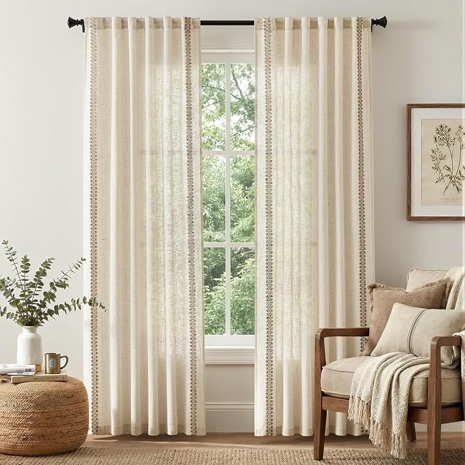 jinchan Beige Linen Blend Curtains with Woven Trim Boho Curtains 90 Inches Length 2 Panels for Living Room Bedroom Light Filtering 50 Inches Wide Rustic Farmhouse Drapes with Rod Pocket Back Tab Ecru