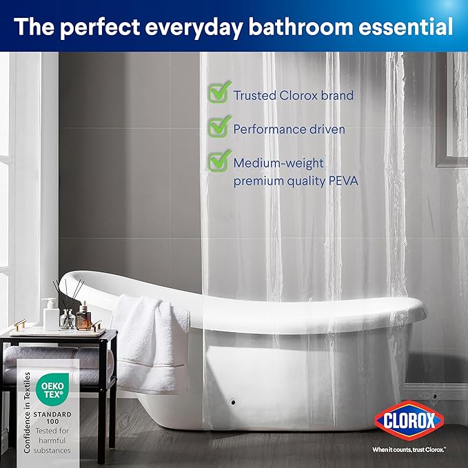 Clorox Shower Curtain Liner, Premium Medium-Weight Durable Waterproof 6g PEVA for Bathroom with Weighted Magnets, Standard Size 72" x 72", Clear 2 Pack