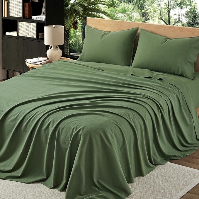 3Pcs Organic Linen Sheets Twin Size, 100% French Linen from Normandy, Breathable Forest Green Bed Sheets Twin Sheet Set with 16 Inch Deep Pocket, 1 Flat Sheet, 1 Fitted Sheet, 1 Pillowcases