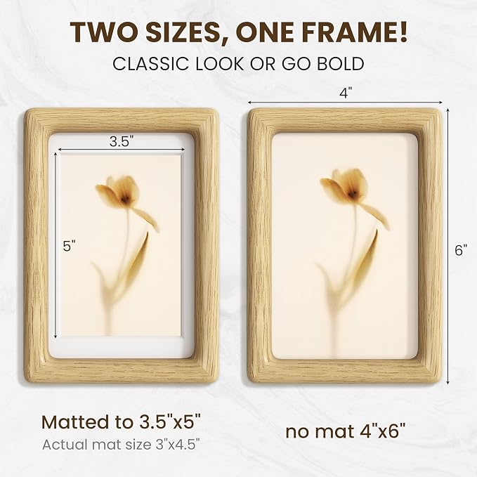 4x6 Picture Frame, USA-Sourced Oak Wood Photo Frames with HD Tempered Glass, Display Photo 3.5x5 with Mat or 4x6 Without Mat, 4 x 6 Frame for Tabletop or Wall Display, Oak Color, 1 Pack