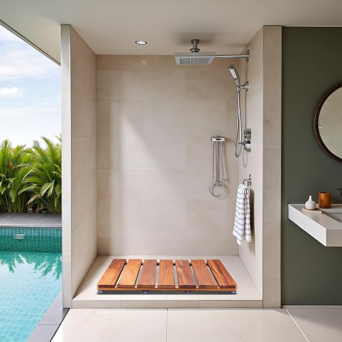 Natural Teak Wood Shower Bath Mat, 20.67 * 14.76 Inches, Non-Slip Rubber Feet, Premium Wooden Floor Mats for Spa, Sauna, Pool and Hot Tub, Flooring Decor and Protector, Indoor and Outdoor Use.