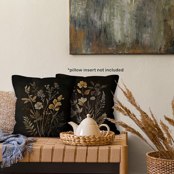 Dark Academia Cottagecore Botanical Throw Pillow Covers 18x18 Set of 4, Vintage Fall Moody Floral Wildflower Decor Pillow Cases for Bedroom Living Room, Rustic Farmhouse Pillowcases for Couch