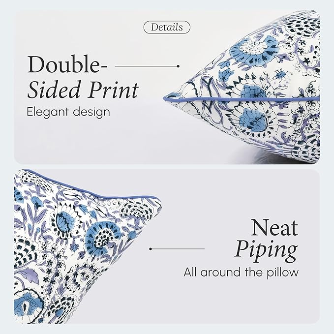 CPC 100% Cotton Throw Pillow Covers 20x20 Inch, Set of 2 Blue Block Print Pattern Couch Pillow, Cute Boho Decorative Pillows for Living Room, Bedroom with Hidden Zipper- Indigo Blue
