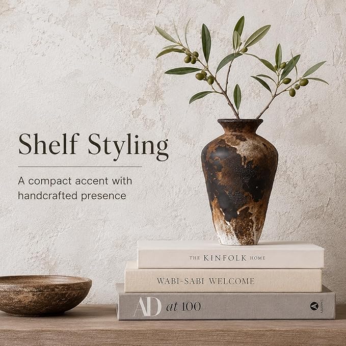 Wabi Sabi Vase, 9.1" Wabi Sabi Decor Rustic Vase, Brown Ceramic Vase for Centerpiece, Vintage Farmhouse Decor for Home Decorative, Table, Living Room, Bedroom, Bathroom, Kitchen