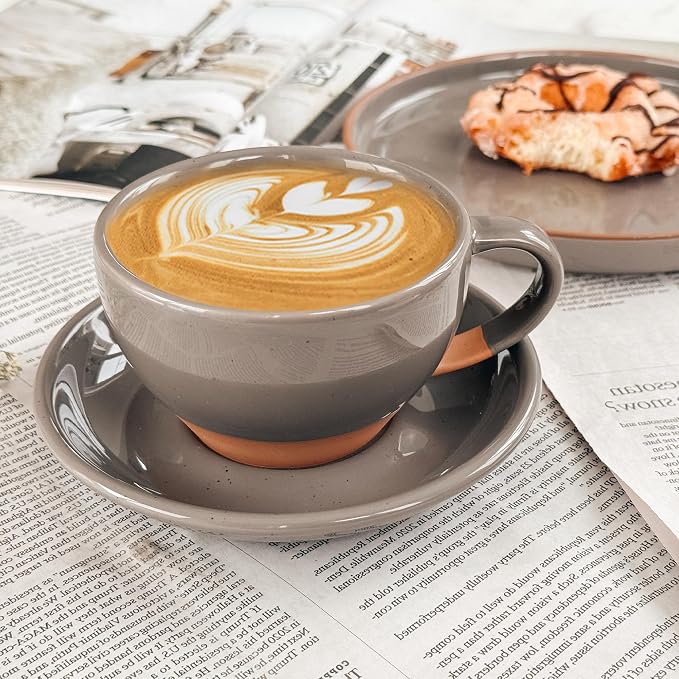 MORA Ceramic Latte Art Mug With Saucer - 10.5 oz, Round Bottom For Perfect Pours - Cafe Cups for Cappuccino, Espresso, Coffee, Tea etc - Porcelain Set for Baristas, Great Gift - Sesame Milk
