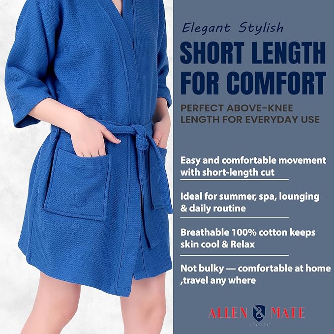 ALLEN & MATE 100% Cotton Women's Short Robe Dual Fabric Waffle Outside & Terry Towel Inside Kimono Bathrobe Medium Weight