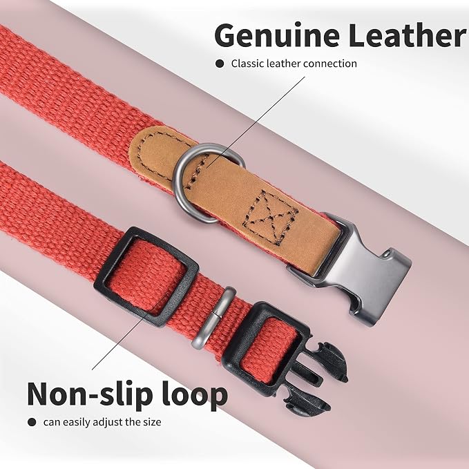 Mile High Life Genuine Leather Dog Collar, Soft Cotton Pet Collars with Heavy Metal Buckle for Small Large Dogs (Red, M Neck 15"-18")