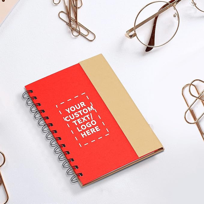 DISCOUNT PROMOS Custom Eco Friendly Spiral Notebooks with Pens Set of 10/50/100, Personalized Bulk Pack - Perfect for School, Office, Home - Red