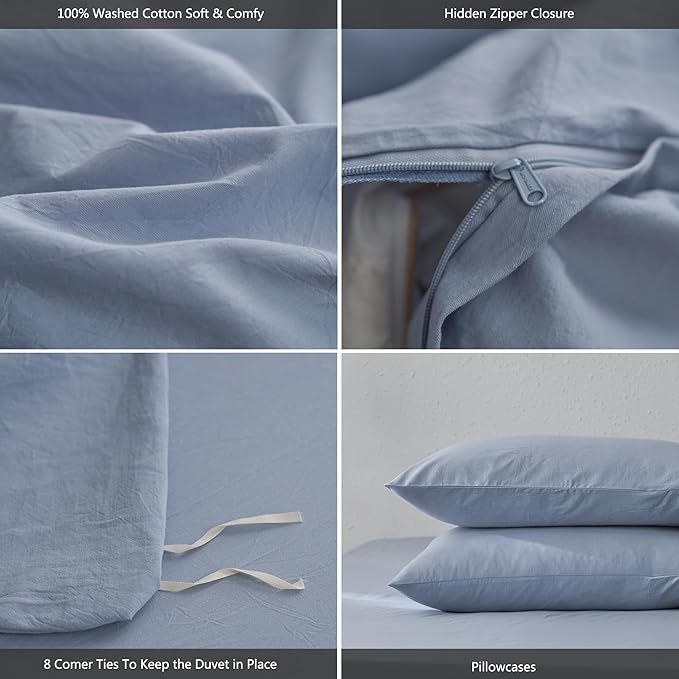 MooMee Bedding Duvet Cover Set 100% Washed Cotton Linen Twill Thick Sturdy Material Super Soft Breathable Durable for All Season 3 Pieces (Cornflower Blue, King)