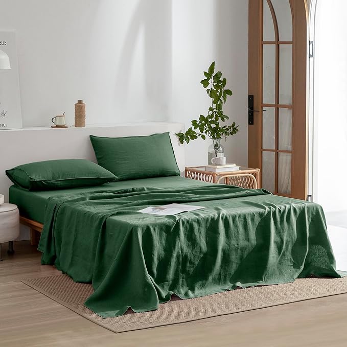 EVERLY Linen Full Size Sheets Set,100% French Washed Pure Linen Bed Sheets Deep Pocket Sheets,4Pieces(1Flat Sheet,1Fitted Sheet,2Pillowcase) Suitable for Hot Sleepers,180GSM Dark Green Bedding Set